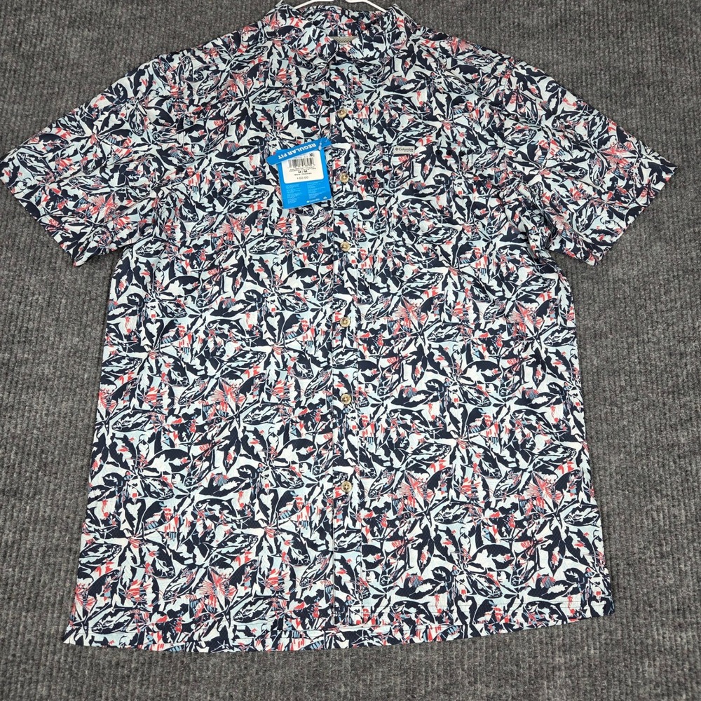 Columbia PFG Super Slack Tide Camp Shirt Mens Medium Blue Fish Print 1711039-513
